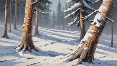 The primary subject of the image is a snowy forest scene with a path leading through the trees. The setting is a winter landscape with snow covering the ground and trees. The visual style is an illustration or drawing, giving the scene a more artistic and detailed appearance. The colors and mood are predominantly white and cold, creating a serene and peaceful atmosphere.